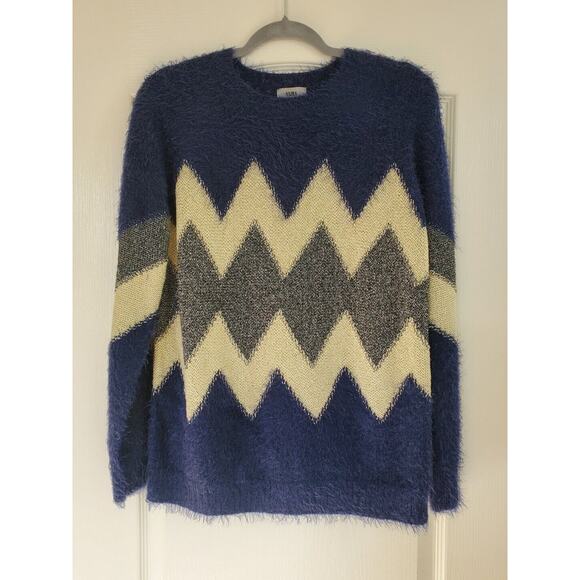 Yaira Blue Ultra Soft Glitter Chevron Geometric Eyelash Sweater, Women's Medium - Picture 1 of 6